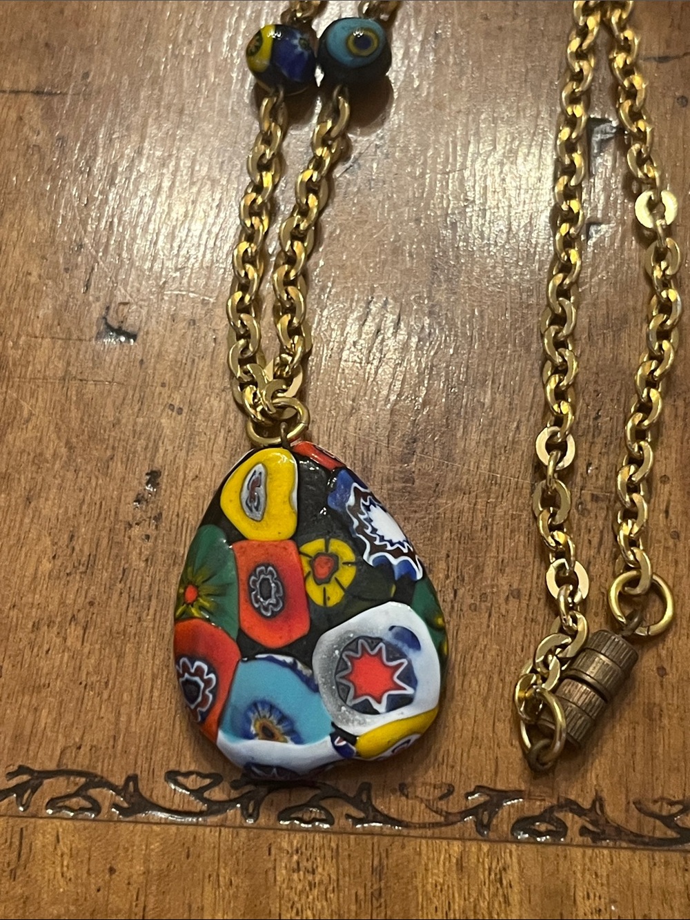 Vintage Millefiori Pendant Necklace, Gold Tone Chain